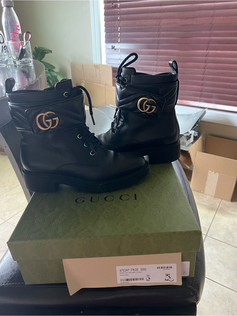 Gucci Black Leather Lace-Up Ankle Boots with Gold Hardware